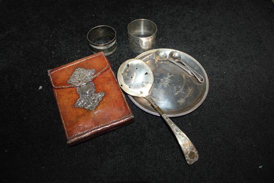 George III silver coaster, a silver napkin ring and 5 other plated items